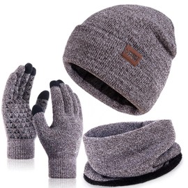 Winter 1-3 PCS Beanie Hat Gloves Scarf for Men and Women, Knit Thick Fleece Lined Warm Touchscreen Gloves Beanie Infitiny Scarf Set (Gloves&Beanie&Scarf Coffee White)