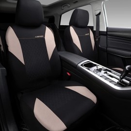 CAR PASS Ultrasonic Embossing Cloth Universal seat Covers-Breathable car seat Cover with 5mm Composite Sponge Inside,Airbag Compatible,2zipper Bench for Sedan,SUV,Truck(Black and Beige,Full Set)
