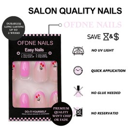 Cute Short Almond Press on Nails Pink OFDNE French Tip Fake Nails with Cherry Designs Full Cover False Nails Glossy Glue on Nails Reusable Stick on Nails for Women Girls 24 Pcs