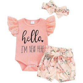 DUBASAM Newborn Baby Girl Hello I’m New Here Clothes Lace Sleeve Knit Romper Floral Shorts Bloomer Headband Summer Coming Home Outfit(Pink, 0-3Months)