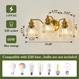Piepooye Vintage Bathroom Lights Fixtures 3 Lights Gold Vanity Light with Glass LampShade E26 Bulb Wall Sconce Indoor Vanity Light Over Mirror for Bedroom Kitchen Farmhouse Living Room