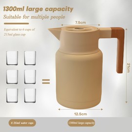 Thermos Flask Coffee Pots Made of Stainless Steel, Thermos Flask Vacuum Insulation Wooden Handle for Hot and Cold Tea Coffee, Kitchen, Office, Hotel (Beige, 1300 ml)