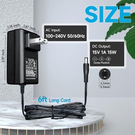 UL Listed 15V 1A Universal Power Supply Adapter, AC to DC 15V 100mA~1000mA 15W 5.5mm x 2.1mm Wall Charger, 6ft/1.8M Long Power Supply Cord for Litter Robot, Car Jump Starter and More DC 15V Devices