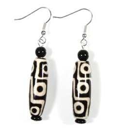 "Take Me to Lhasa", Tibetan Agate (dyed) Dzi Bead Earrings, Black and White