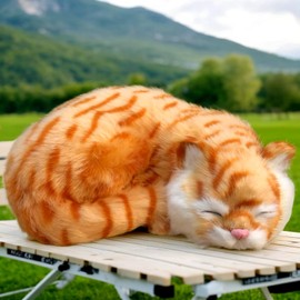 Lifelike Sleeping Tabby Cat Figurine - Realistic Curled Up Kitten Statue, Faux Fur Orange Tabby Decor, Handcrafted Home Office Shelf Display, Collectible Gift