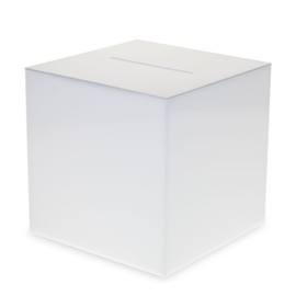 Source One Premium Acrylic Cube Donation Box with Deluxe Rear Open Door and Cam Lock Suggestion Box (8 Inch, White)