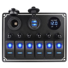 Xhtechnology - Panel de interruptor basculante para barco, impermeable, 6 bandas, multifunción, interruptor de luz con doble USB y panel de voltímetro para caravanas, coches, barcos, camiones,