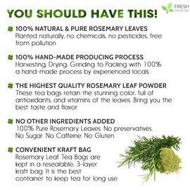 FreshDrinkUS, 20 Rosemary Leaf Tea Bags, 100% Natural and Pure Rosemary Dried Leaves, Pure Rosemary Herbal Tea, No Additives, No Caffeine, No Gluten, Vegan.