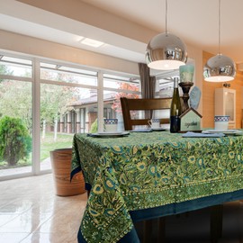 Sweet Us Amara Cotton Floral Block Print Tablecloth and One Plain Napkin, Floral Kitchen Dining Table Cloth, Table Cover for Indoor and Outdoors, Fern Bliss, 58 x 88 in