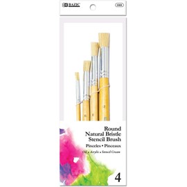 BAZIC Round Natural Bristle Stencil Brush Set 4 pcs Acrylic Oil Watercolor Art