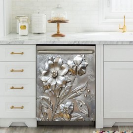 Floral Dishwasher Magnet Cover - Stainless Steel Look Vinyl Decal for Appliance Reusable Scratch-Resistant Magnetic Sticker for Fridge, Washing Machine, Kitchen Decor 23" W x 26" H