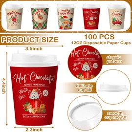 Gerrii 100 Set Christmas Paper Cups Disposable 12 oz with Lids Hot Chocolate Cups Coffee Cups Holiday Hot Cups for Hot and Cold Drinks Tea Water Bar Supplies Winter Season (Classic Style)