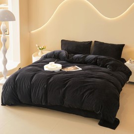 FOPPA Black Velvet Duvet Cover Queen Set - Ultra Soft Black Velvet Bedding Sets 3 Pieces (1 Velvet Duvet Cover + 2 Velvet Pillow case) Velvet Comforter Cover Set