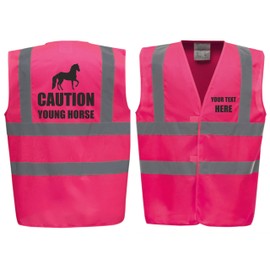 Caution Young Horse - Horse Riding Equestrian Premium Pink Hi Vis Safety Vest Reflective Waistcoat Road Safety High Visibility, Can Personalise. (Pink, XLarge)