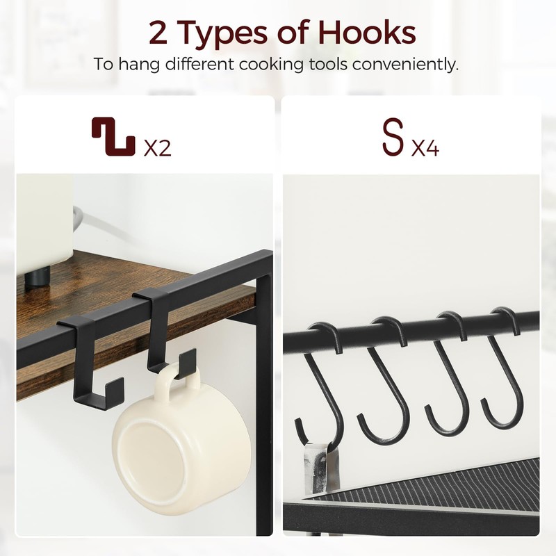 MAHANCRIS Bakers Rack with Power Outlet, Microwave Stand with Hooks,