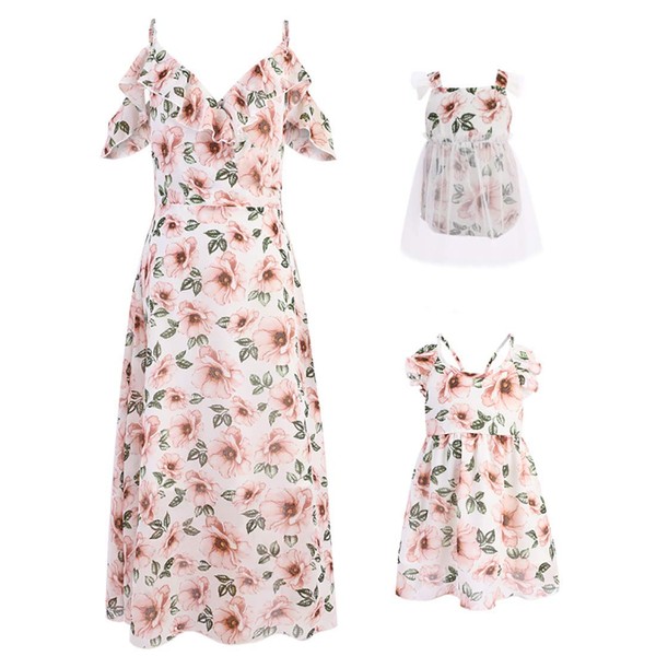 PopReal Mommy and Me Dresses Floral Print Cold Shoulder Ruffle