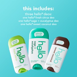 hello Deodorant Variety Pack (Sweet Coconut, Fresh Citrus, White Sage) for Women + Men, Aluminum Free, Baking Soda Free, Parabens Free, 24 Hour Odor Protection, 2.6 Ounce, 3 Pack