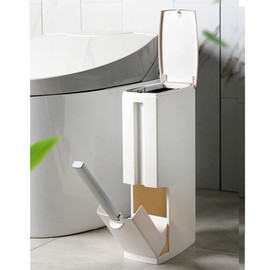 COMODID Slim Bathroom Trash Can with pop-up Lid, 3 in1 Trash can with Brush&Holder,for RV, 5 Liter Garbage Can with Press Top Lid, White Rectangular Modern Waste Can for Bathroom, Ivory.