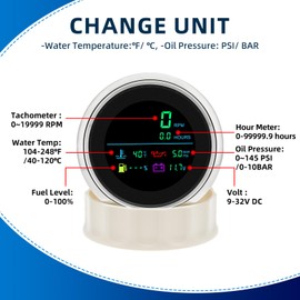 MH 6-in-1 Digital Gauge- Tachometer (0-19999 RPM), Hour Meter, Water Temp (℉/℃), Fuel Level, Oil Press (PSI/BAR), Voltage (0-99.9V) - 85mm AUTO Boat Gauge for Car Truck