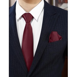 PenSee Men's Burgundy Tie Set Solid Pure Color 3.15" (8CM) Classic Formal Plain Necktie and Pocket Square Set For Men