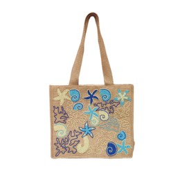 SHIVERO HOMES Boho Evil Eye Jute Tote Bag, Beaded Embroidered Design, Natural Burlap with Blue AccentsShoulder Bag for Women, Multicolor-1, Medium