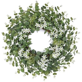 26'' Large Eucalyptus Wreaths for Front Door for All Seasons-Spring Summer Fall Autumn Winter Christmas Wreath,Neutral Everyday Greenery Wreath with Boxwood Leaves White Chrysanthemums for Decor
