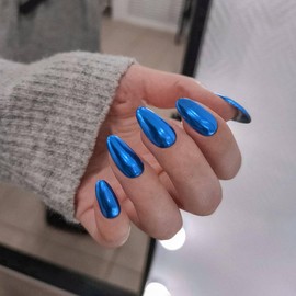 Mirror Metal Press on Nails Medium Oval Acrylic Nails Press ons Royal Blue Medium Short Round Fake Nails for Women Reusable Thick Almond Nails Chrome Glazed Glue on Nails Shiny False Nails 24Pcs