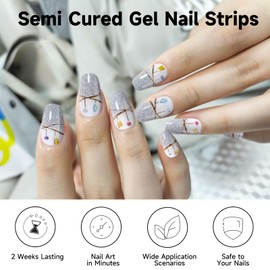 Semi Cured Gel Nail Strips, 28 pcs Gel Nail Strips, Nail Gel Stickers Work with Any UV Lights, Long-Lasting Nail Wraps, Stick on Nails for Women Easy to Apply & Remove