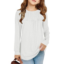 Girls' T-shirts, tunic, ruffles, long-sleeved shirts, leisure, loose tops, cute children's soft blouse, White