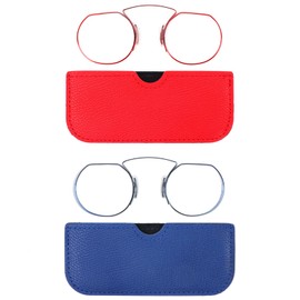 REAVEE 2 Pack Small Armless Reading Glasses for Men Women, Blue Light Blocking Round No Temple Thin Compact Readers with Portable Case, Red and Blue +2.5