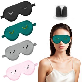 ZYNERY 4 Stück Schlafmaske, Schlafmaske aus simulierter Seide, Superweiche Augenmaske zum Schlafen mit 2 Paare Ohrstöpsel, Schlafmaske Kinder Mädchen Frauen (Rosa + Grau + Schwarz + Grün)