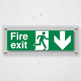 V Safety Fire Exit Arrow Down - 300 x 100 mm - Acrylic Perspex Cast Clear Safety Sign