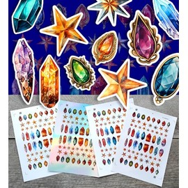 Stickers Pack (Over 150 Stickers) Gorgeous Colourful Gems and Metalic Festive Stars Vintage Styled Small Vinyl Stickers White Hologram Transparent
