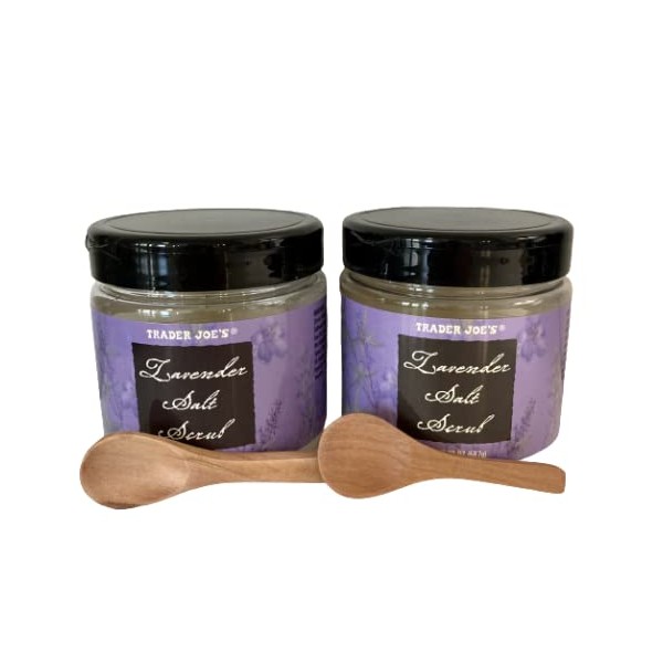 Trader Joe's Lavender Salt Scrub (20 oz Jar) 2-Pack Bundled with a Set of 2 Cosmetic-grade Natural Wooden spoons