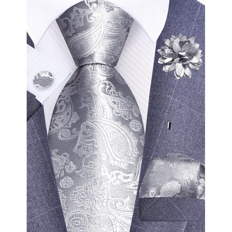 Gusleson Light Grey Tie for Men Paisley Wedding Silver Necktie