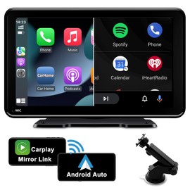 Portable Car Stereo for Apple Carplay, Android Auto, Air Play, Mirror Link, Wireless Car Play Screen with Bluetooth Handsfree, 7 Inch IPS Touchscreen, GPS Car Navigation, Siri/Google, FM/AUX/USB/TF