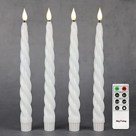 Rhytsing 9.6" White Flameless Twisted Taper Candles with Timer, Battery Operated Spiral Candlesticks, Warm White Light, Remote & 8 Batteries Included - Set of 4