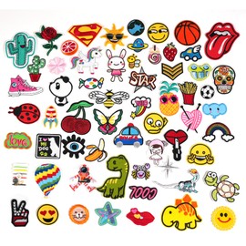 60 PCS Assorted Iron On Patches, Cute Embroidered Patches Bulk for DIY, Heat Press Sew On Applique Patches for Backpacks, Hats, Clothes, Bags and Jeans