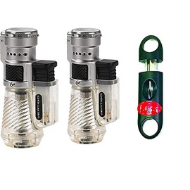 Vertigo by Lotus Cyclone Triple Torch Cigar Lighter Clear 2 Pack with FESS V Cut Cigar Cutter (Clear)