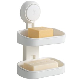 LEVERLOC Soap Dish Holder for Shower Double Layer Suction Cup Wall Mounted NO-Drilling Self Draining Removable Waterproof Strong Suction Bar Soap Sponge Holder for Shower Bathroom Bathtub Kitchen