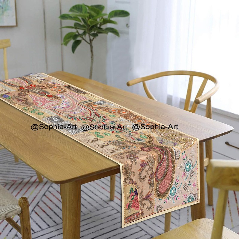 Ethnic Cotton Decorative Indian Dinning Art Table Patchwork Beads Embroidered