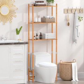 PERFNIQUE Over The Toilet Storage, 3-Tier Bamboo Toilet Shelf, Freestanding Above Toilet Bathroom Organizer, Bathroom Storage Cabinet, Space Saver for Laundry(Natural Color, 3-Tier)