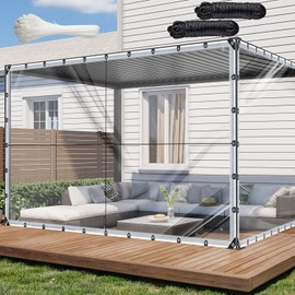 10x12ft Clear Waterproof Tarp with Grommets, Upgraded Edge Heat Fused Tear Resistant Clear Heavy Duty Tarps for Patio Fencing, Rain, Wind, Cold, Chicken Coops, and More（Windproof Rope+Tie-Downs）