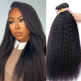 Kinky Straight Bundles Human Hair 16 18 20 Inch Yaki Straight Bundles -3 Pack Real Human Hair 100% Unprocessed Brazilian Hair Extensions Deals Black, Style Keep Texture Silky Soft, Sew-In Installation