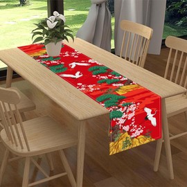 Japanese Table Runner, Cherry Blossom Asian Pine Tree Crane Birds Anime Nature Vintage Asian Oriental Chinese Red Elegant Table Center Decor for Home Kitchen Dining Patio Indoor Outdoor, 13"x72" Inch