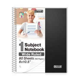 Dunwell 1 Subject Notebook, Plastic Cover, 80 Sheets, Spiral Notebook, Wide Ruled 8x10.5 Paper, 3-Hole Punched Tear-Off Pages, Divider with Pockets