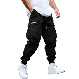 JEMLDL Joggers for Men Elastic Waist Drawstring with Flap Pockets Mens Cargo Pants Baggy Sweatpants for Men Black,38,XL
