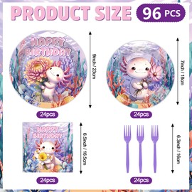 Hokinaa Axolotl Birthday Party Decorations - 96 Pcs Cute Cartoon Axolotl Tableware Set, Purple Reptile Animals Disposable Paper Plates Napkins Forks, Happy Birthday Party Supplies Decor for Girls