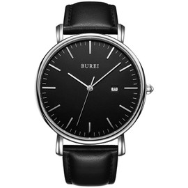 BUREI Men’s Watches, Ultra Thin, Black, Minimalist Quartz with Date Display and Leather Watch Band, silver black
