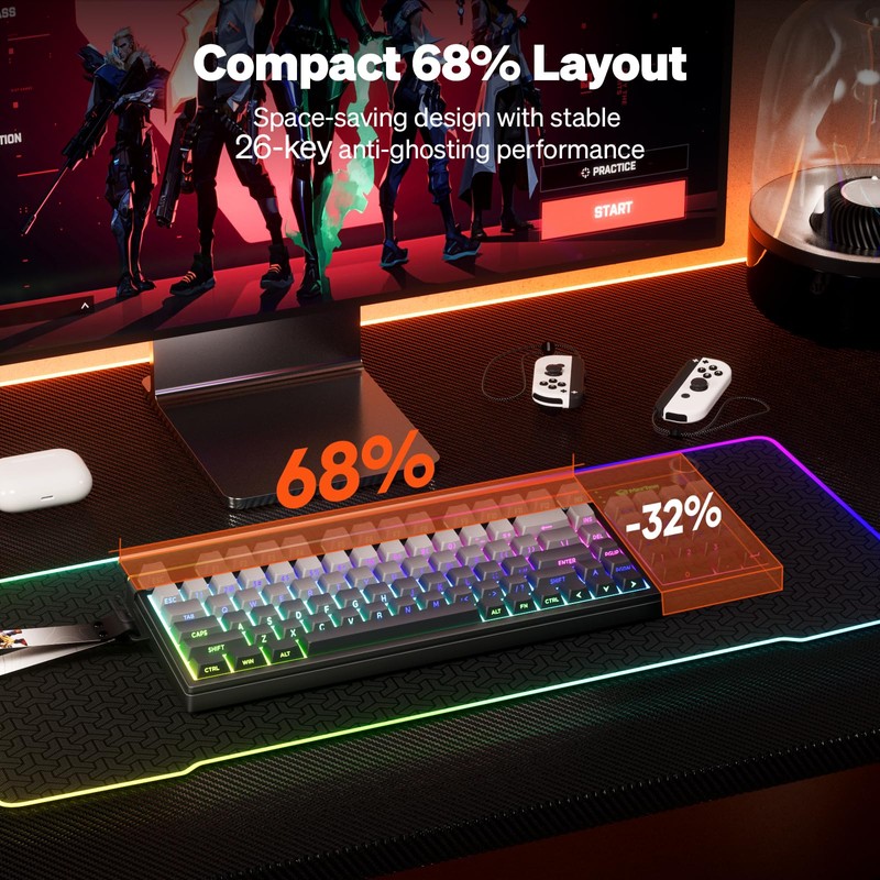 MEETION Vibekey68 Wireless Gaming Keyboard, 68-Key Tri-Mode RGB, Black